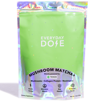 Mushroom Matcha+ powder in lime green resealable pouch with holographic top and wellness benefit icons