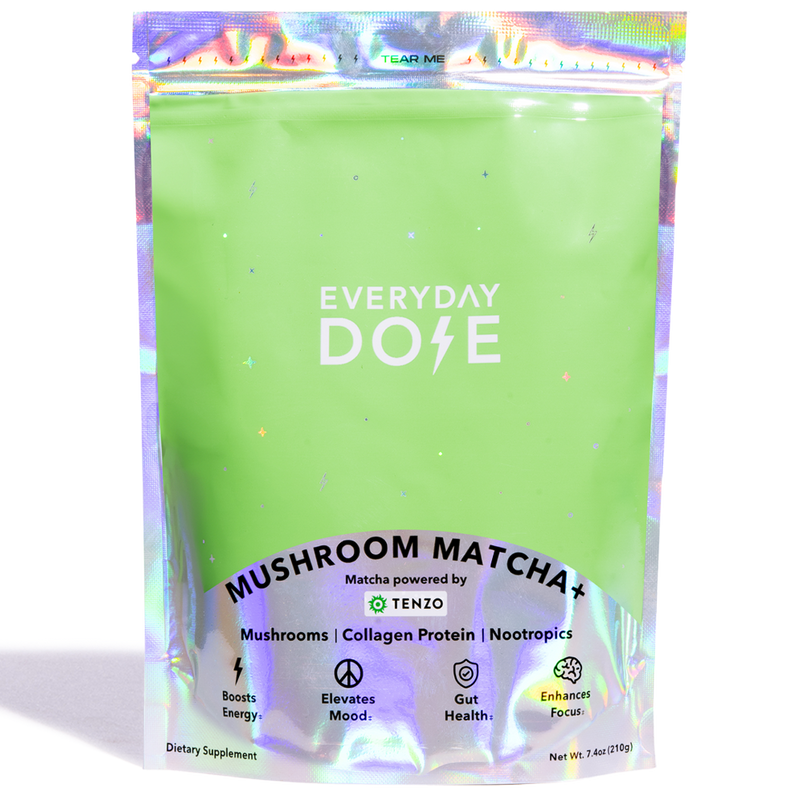 Mushroom Matcha+ powder in lime green resealable pouch with holographic top and wellness benefit icons