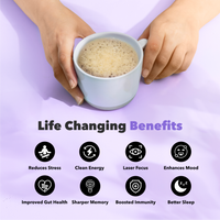 Mushroom Coffee with FREE Starter Kit showing mug of creamy coffee and health benefit icons on purple background