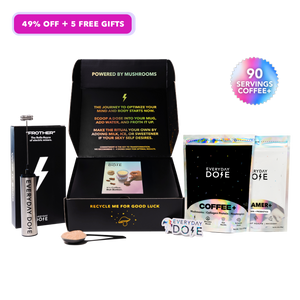 90 Servings of Coffee and Starter Kit bundle with mushroom coffee packets, black box, and measuring spoon