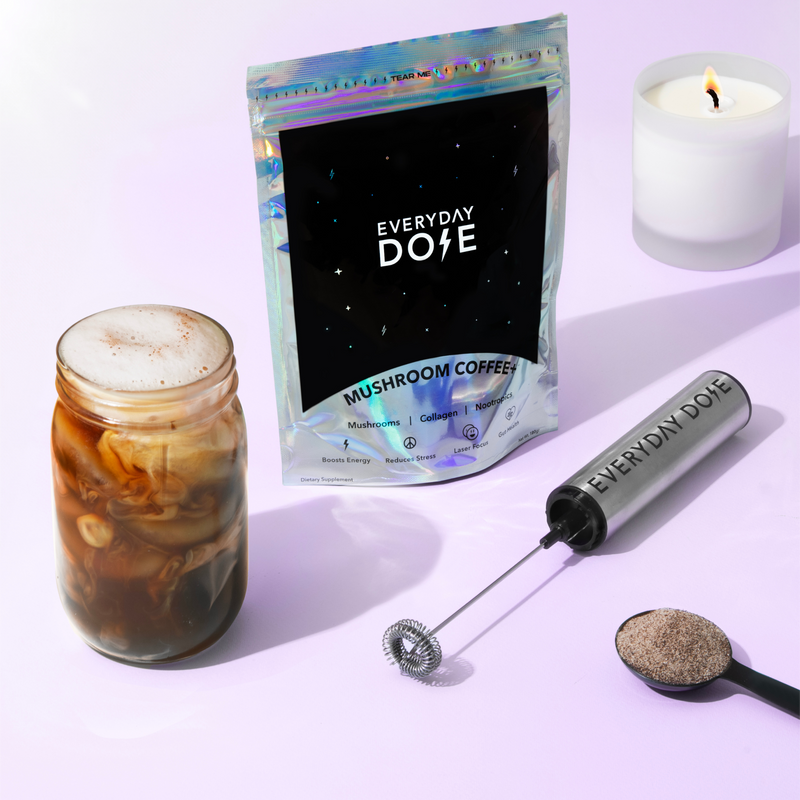 30 Serving of Mushroom Coffee + FREE Starter Kit + 5 FREE To-Go Sachets (May Special) with coffee, frother, and candle.