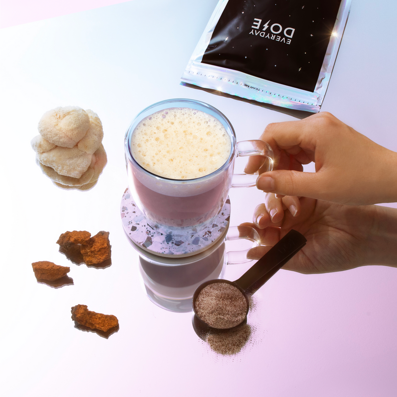 30 Serving of Mushroom Coffee + FREE Starter Kit + 5 FREE To-Go Sachets (May Special) with fresh mushrooms and coffee powder.