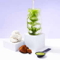 10-Pack of Mushroom Matcha+ showing iced green matcha drink with milk pour and functional mushroom supplements.